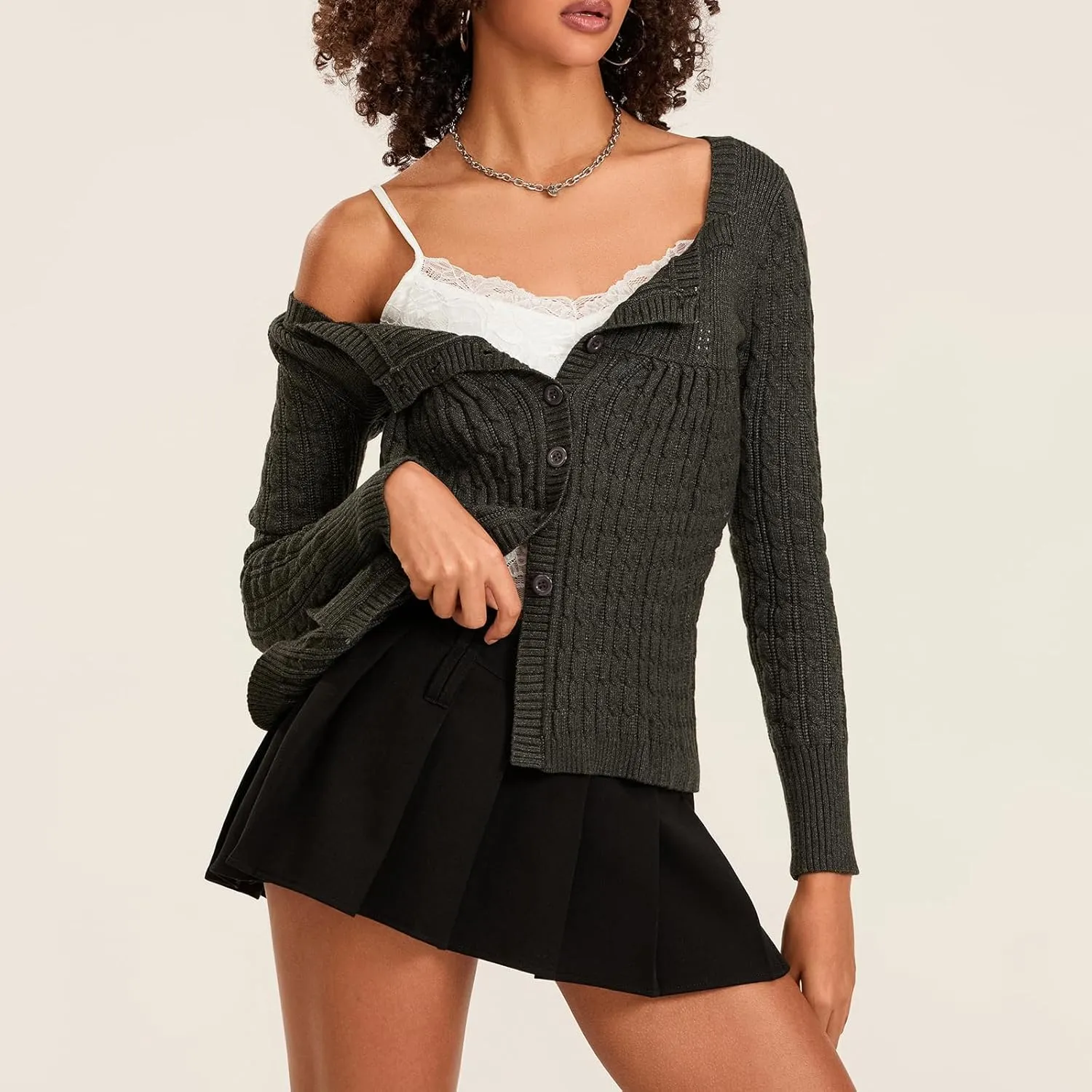 Womens Long Sleeve Open Front Cable Knit Cardigans Casual Square Neck Button Down Loose Lightweight Sweaters Top