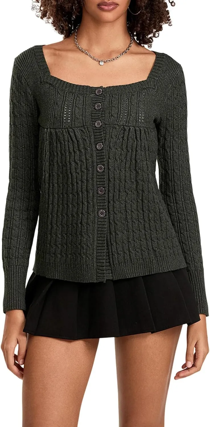Womens Long Sleeve Open Front Cable Knit Cardigans Casual Square Neck Button Down Loose Lightweight Sweaters Top