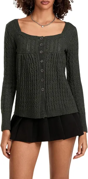 Womens Long Sleeve Open Front Cable Knit Cardigans Casual Square Neck Button Down Loose Lightweight Sweaters Top