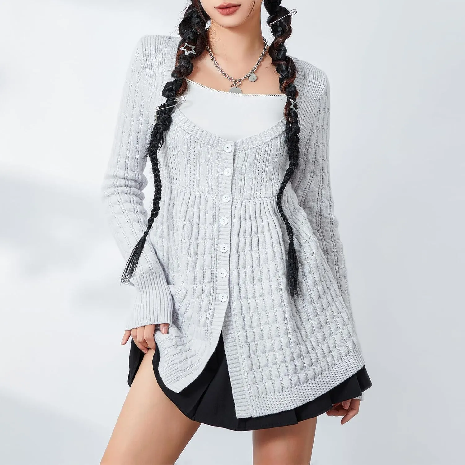 Womens Long Sleeve Open Front Cable Knit Cardigans Casual Square Neck Button Down Loose Lightweight Sweaters Top