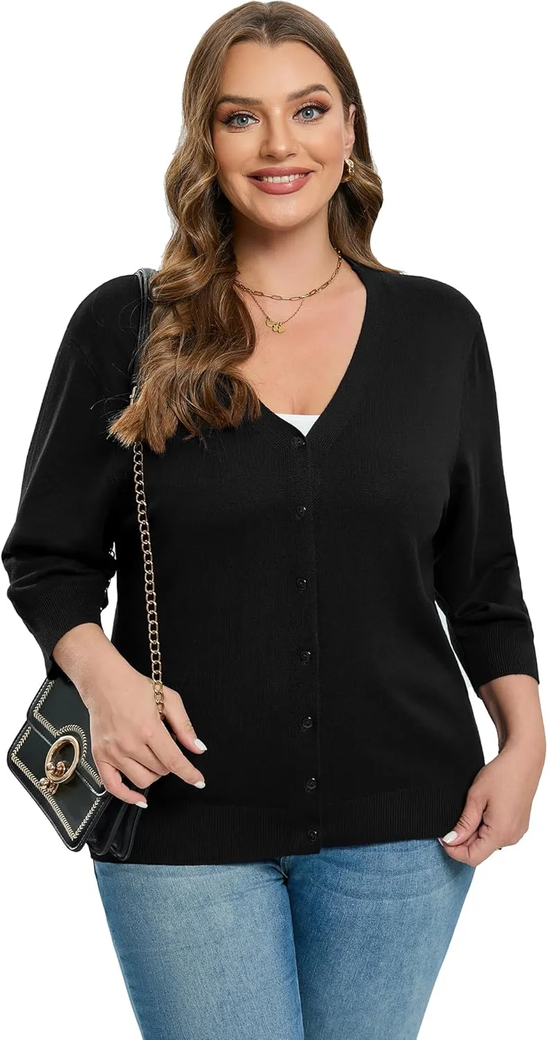 Women's Plus Size Cardigan Open Front Oversized Button Lightweight Sweaters V Neck Loose 3/4 Sleeve Cardigans Knit Outwear