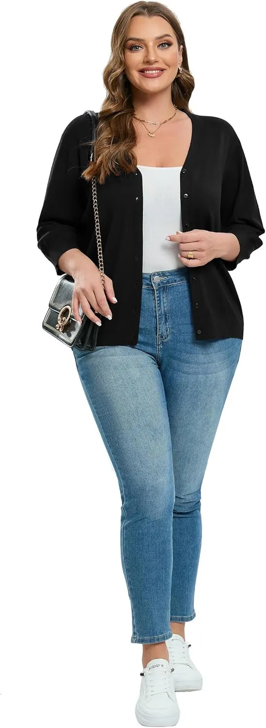 Women's Plus Size Cardigan Open Front Oversized Button Lightweight Sweaters V Neck Loose 3/4 Sleeve Cardigans Knit Outwear