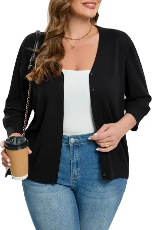Women's Plus Size Cardigan Open Front Oversized Button Lightweight Sweaters V Neck Loose 3/4 Sleeve Cardigans Knit Outwear