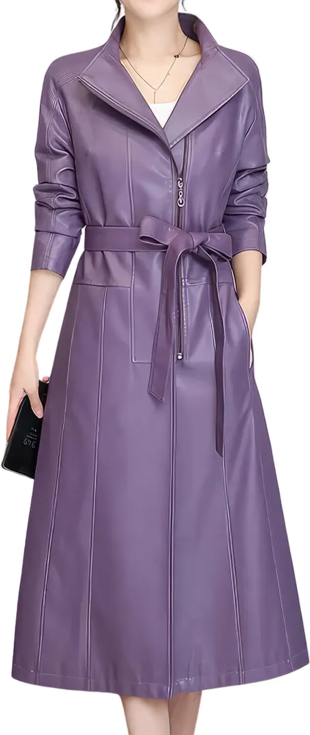 Women's PU Faux Leather Long Trench Coat