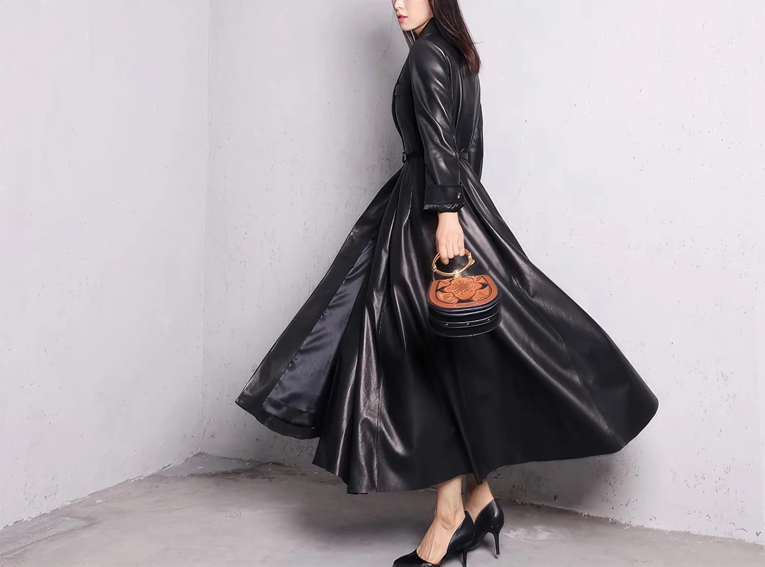 Women's PU Faux Leather Long Trench Coat