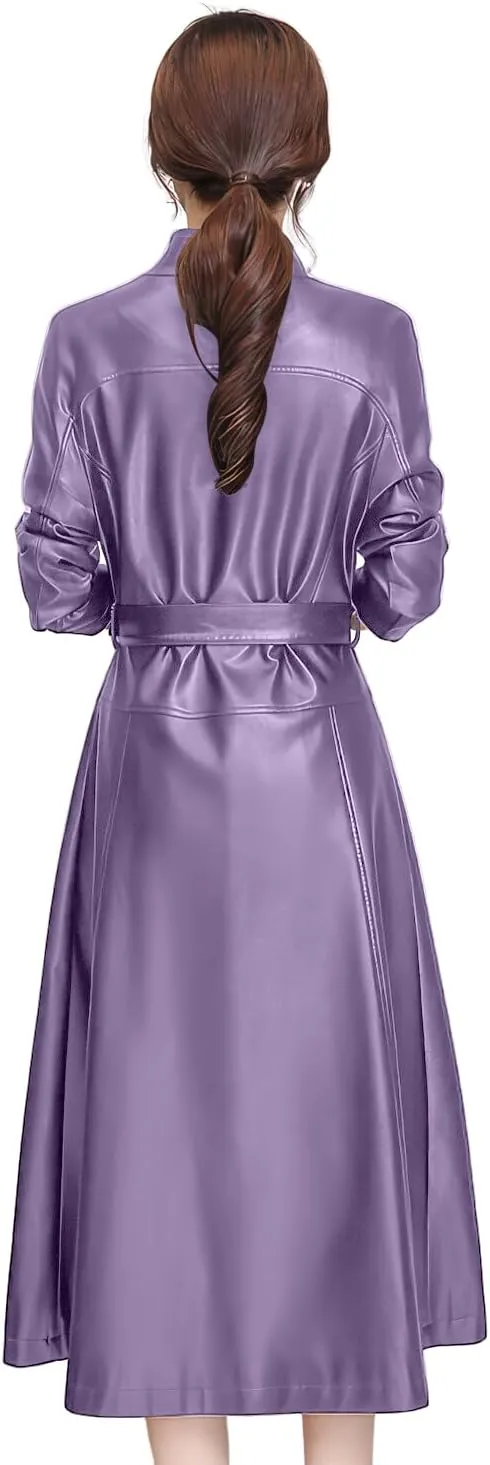 Women's PU Faux Leather Long Trench Coat