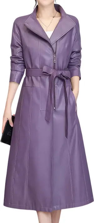 Women's PU Faux Leather Long Trench Coat