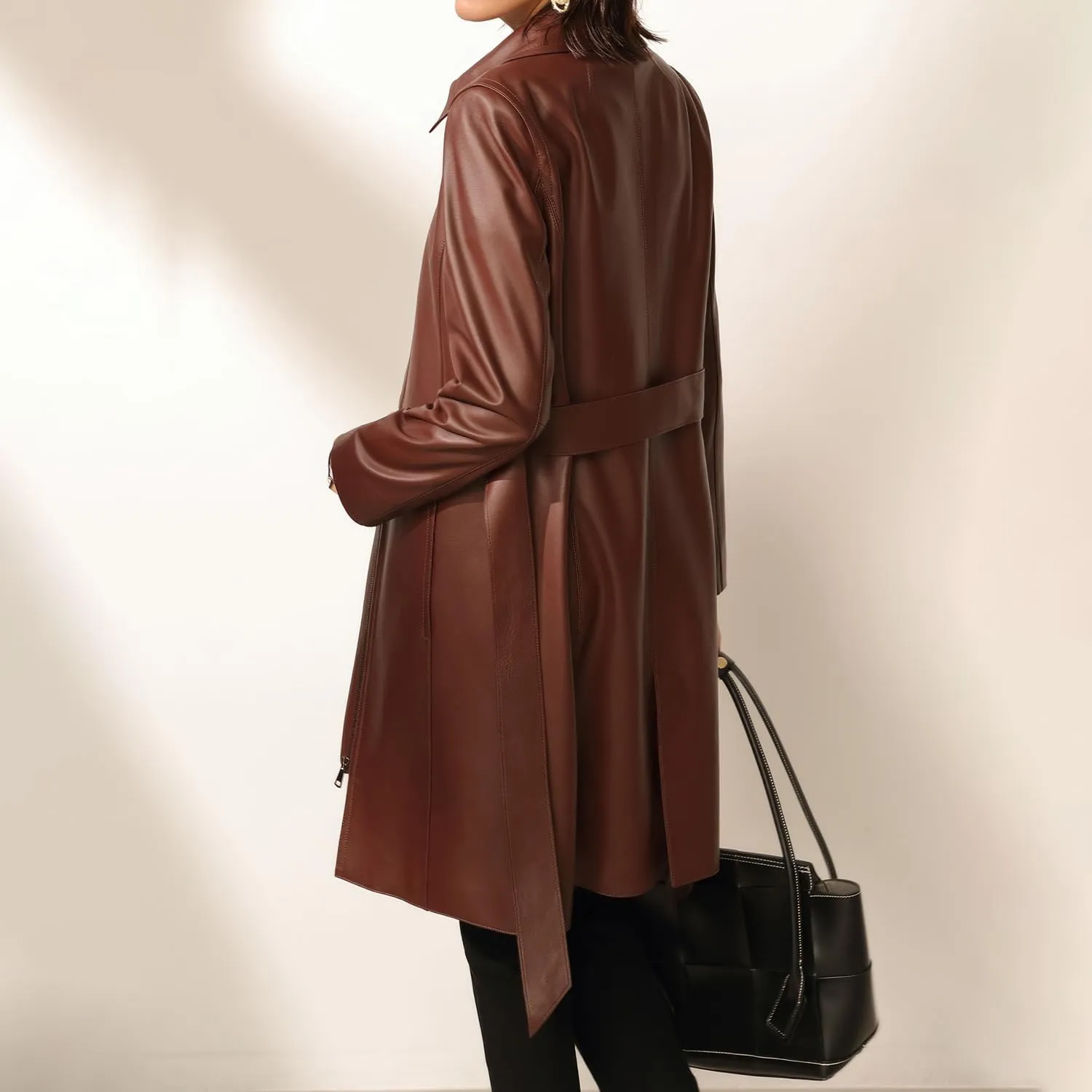 Women's PU Faux Leather Long Trench Coat
