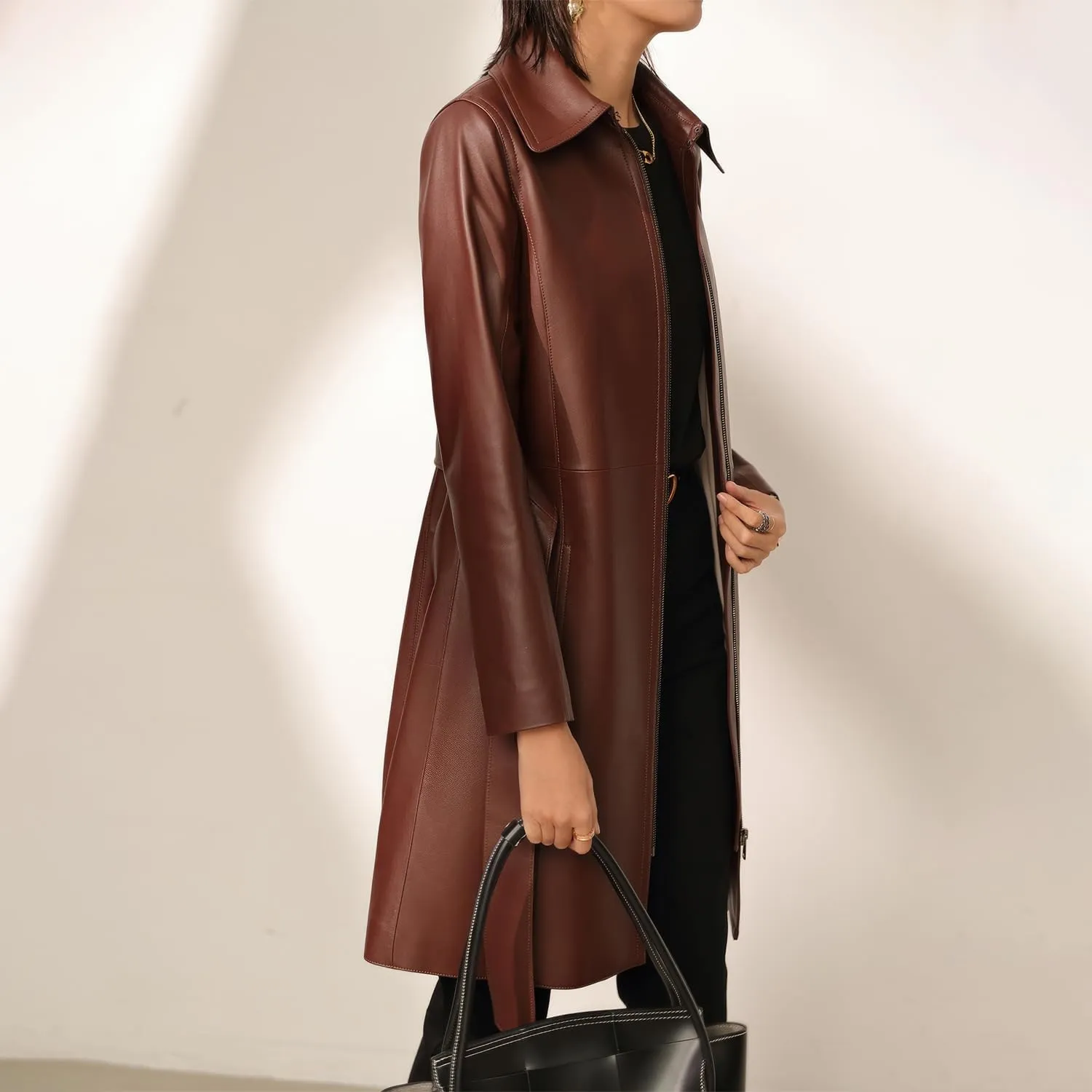 Women's PU Faux Leather Long Trench Coat
