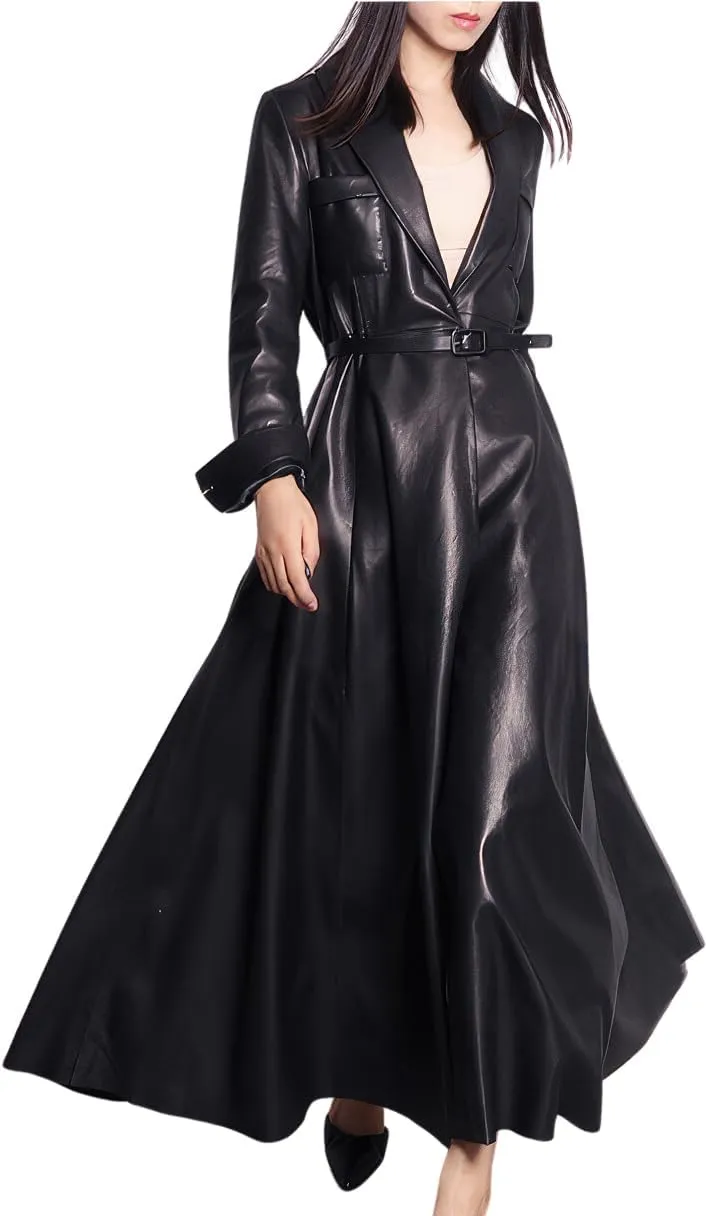 Women's PU Faux Leather Long Trench Coat