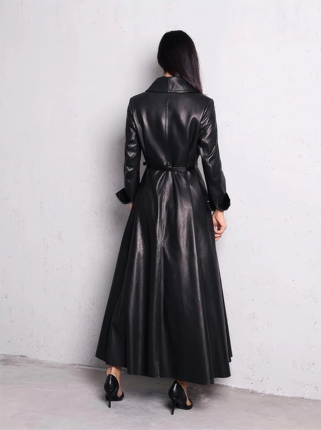 Women's PU Faux Leather Long Trench Coat