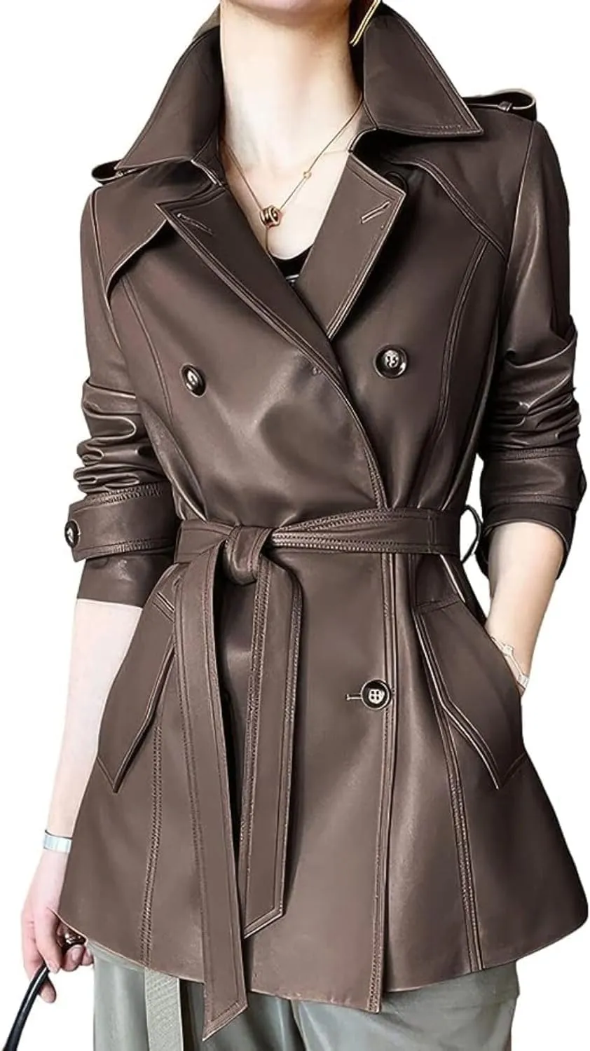 Women's PU Faux Leather Long Trench Coat