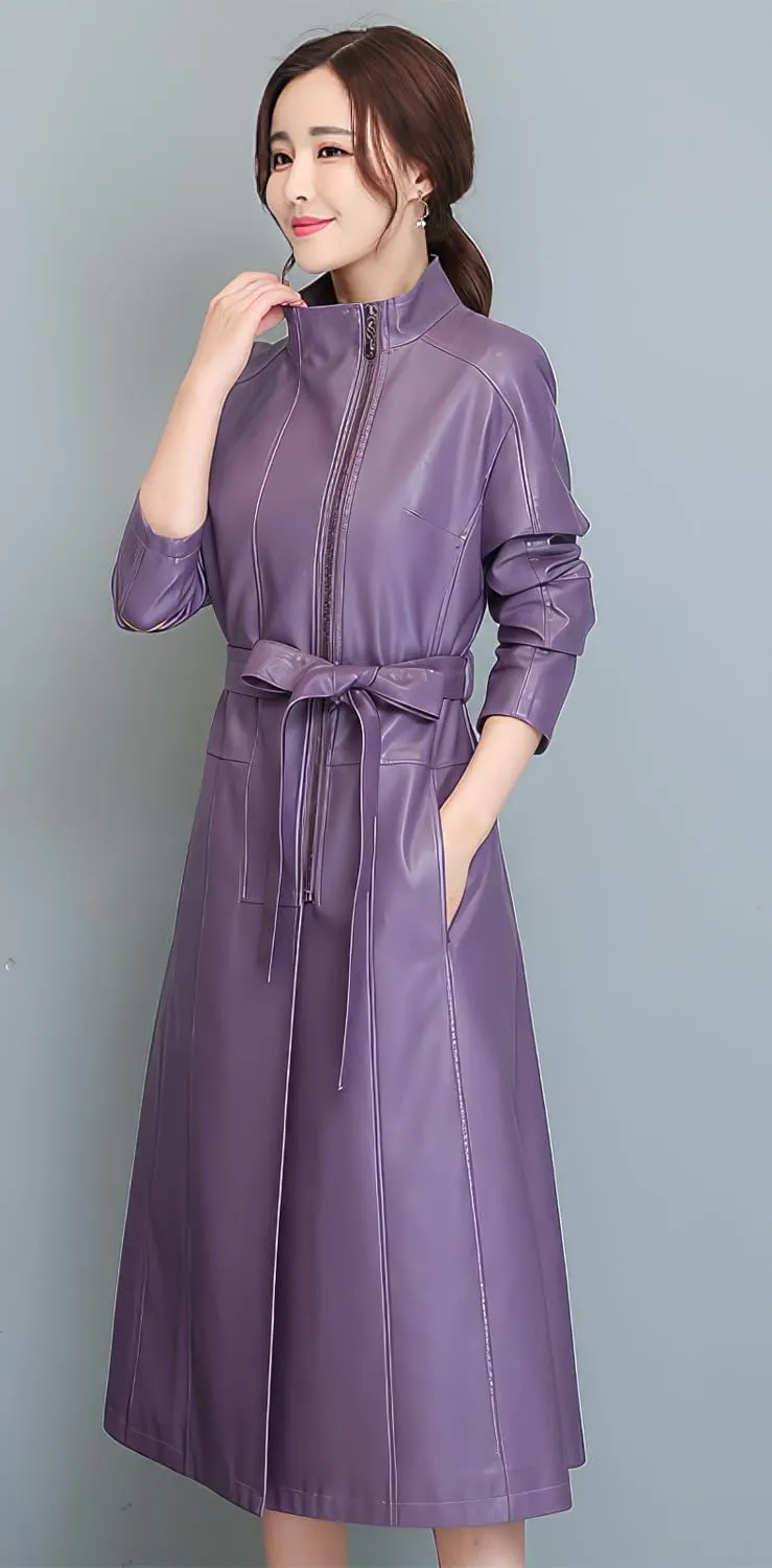 Women's PU Faux Leather Long Trench Coat