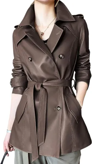 Women's PU Faux Leather Long Trench Coat