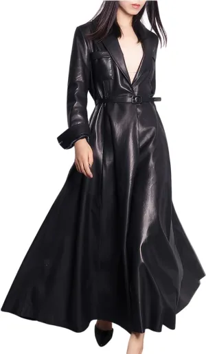 Women's PU Faux Leather Long Trench Coat