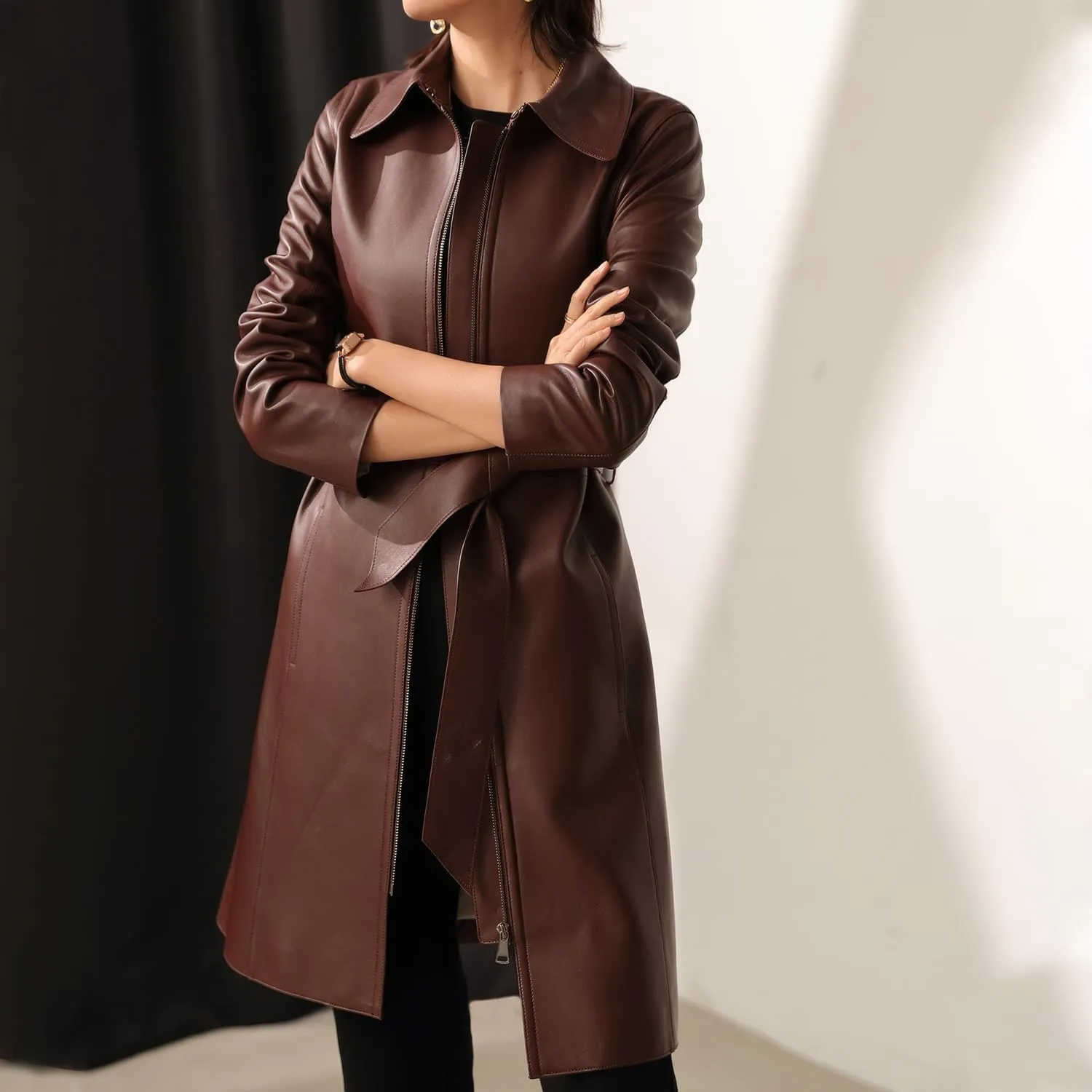 Women's PU Faux Leather Long Trench Coat