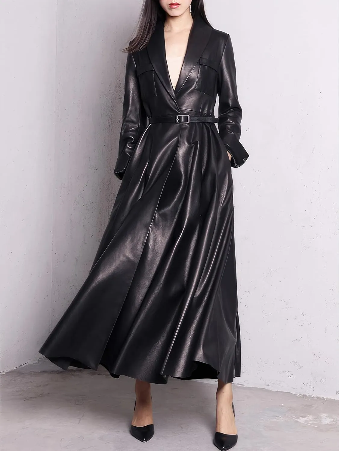Women's PU Faux Leather Long Trench Coat
