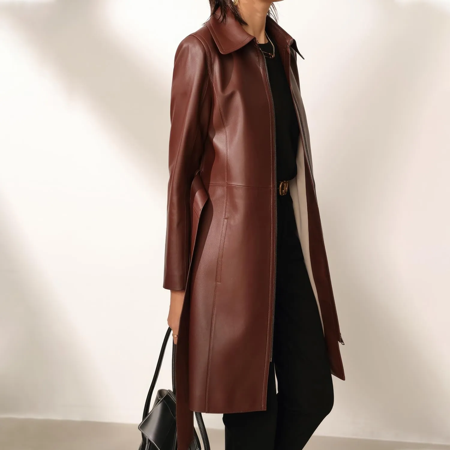 Women's PU Faux Leather Long Trench Coat