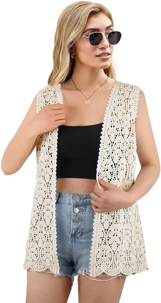 Women's Sleeveless Open Front Cardigan Vest Lightweight Cool Crochet Cardigans for Women
