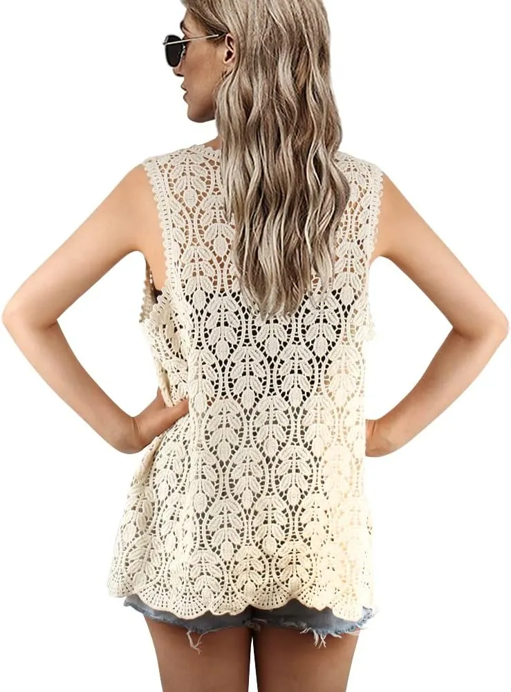 Women's Sleeveless Open Front Cardigan Vest Lightweight Cool Crochet Cardigans for Women