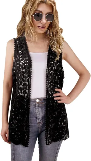 Women's Sleeveless Open Front Cardigan Vest Lightweight Cool Crochet Cardigans for Women