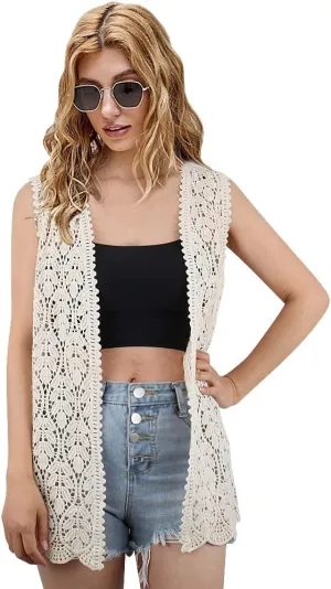 Women's Sleeveless Open Front Cardigan Vest Lightweight Cool Crochet Cardigans for Women