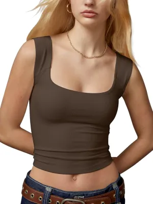 Women's Tank Tops Cute Slim Fit Ribbed Double Lined Camisole Tops Basic Square Neck Sleeveless Going Out Summer Tops