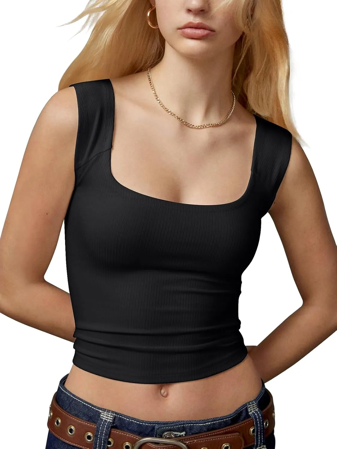 Women's Tank Tops Cute Slim Fit Ribbed Double Lined Camisole Tops Basic Square Neck Sleeveless Going Out Summer Tops