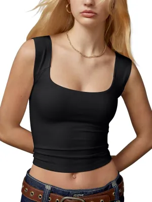 Women's Tank Tops Cute Slim Fit Ribbed Double Lined Camisole Tops Basic Square Neck Sleeveless Going Out Summer Tops