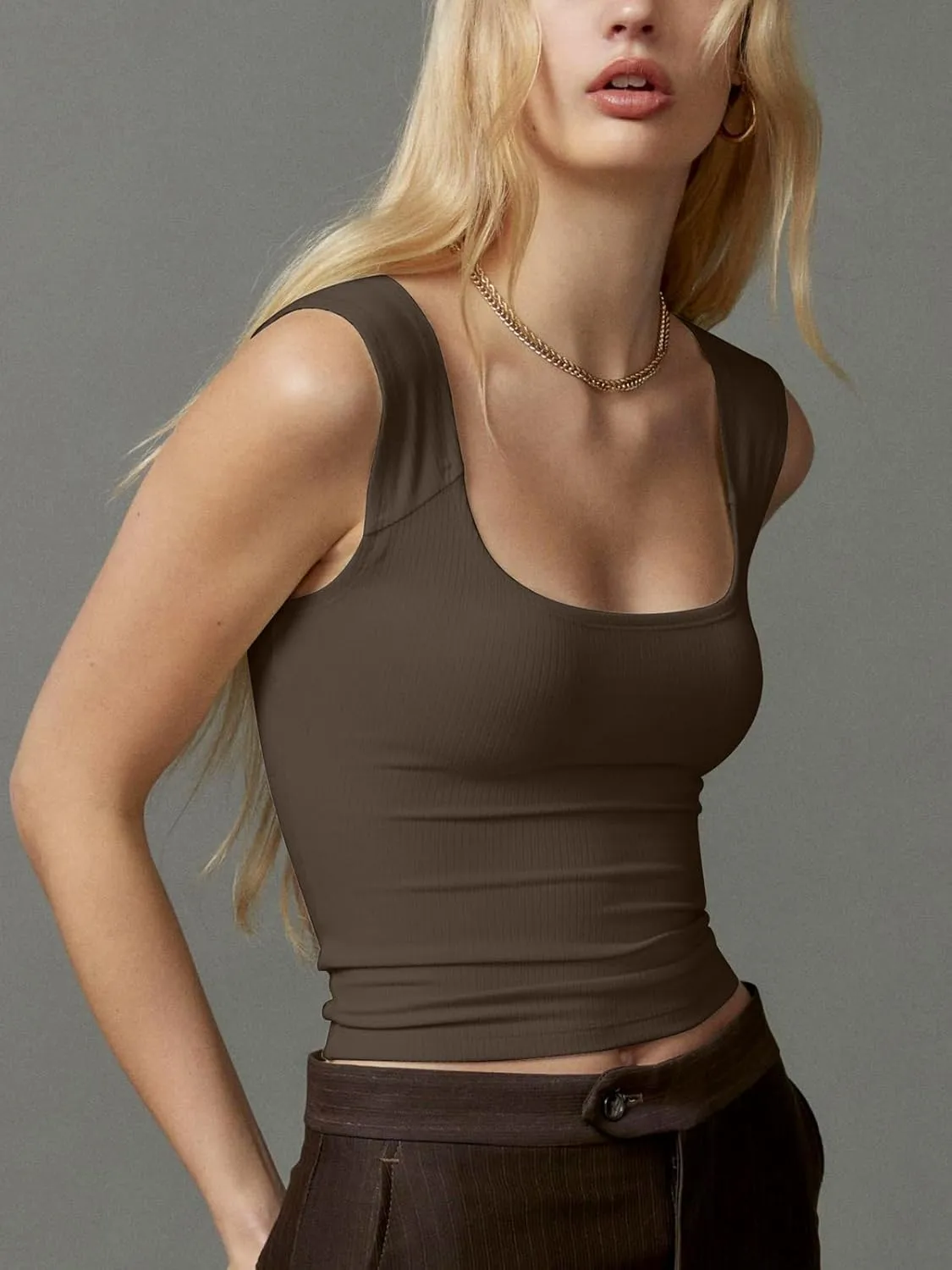 Women's Tank Tops Cute Slim Fit Ribbed Double Lined Camisole Tops Basic Square Neck Sleeveless Going Out Summer Tops