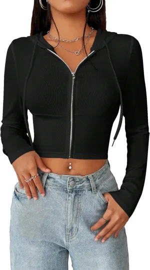 Women's Zip Up Hoodie Cropped Sweatshirt Y2K Crop Tops Fall Outfits 2024 Trendy Casual Jackets