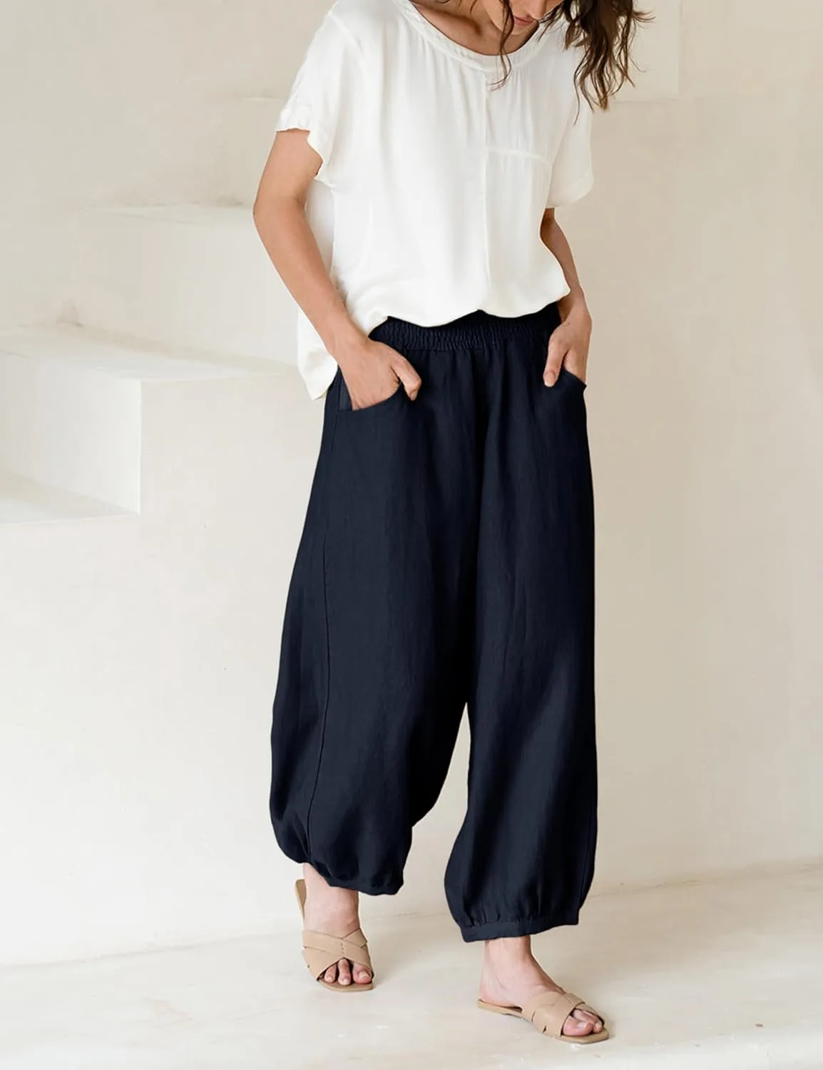 Xiaoxuemeng Womens Wide Leg Pants Cotton Linen Barrel Pants Elastic Waisted Lounge Trousers with Pockets
