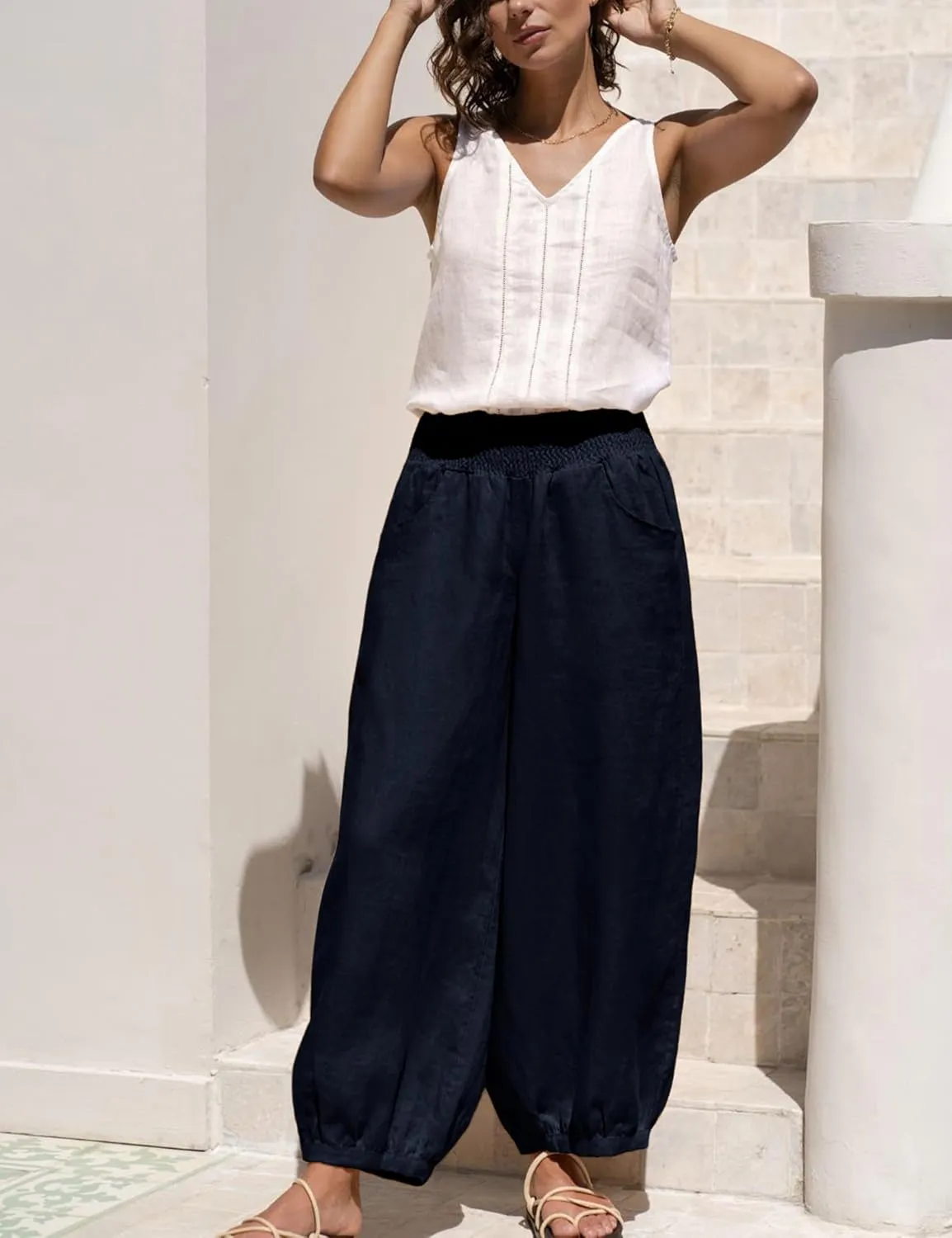 Xiaoxuemeng Womens Wide Leg Pants Cotton Linen Barrel Pants Elastic Waisted Lounge Trousers with Pockets