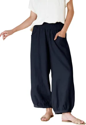 Xiaoxuemeng Womens Wide Leg Pants Cotton Linen Barrel Pants Elastic Waisted Lounge Trousers with Pockets