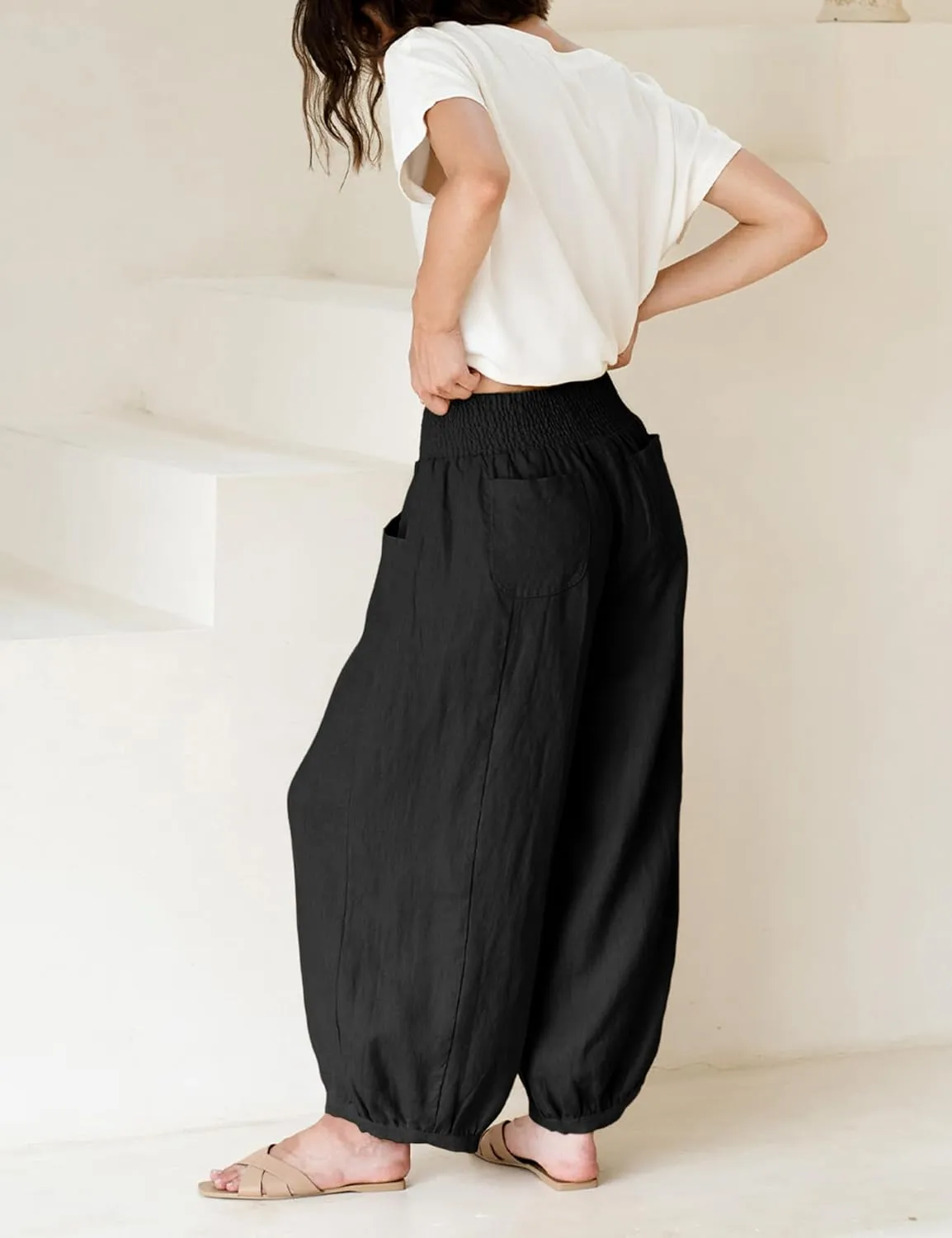 Xiaoxuemeng Womens Wide Leg Pants Cotton Linen Barrel Pants Elastic Waisted Lounge Trousers with Pockets