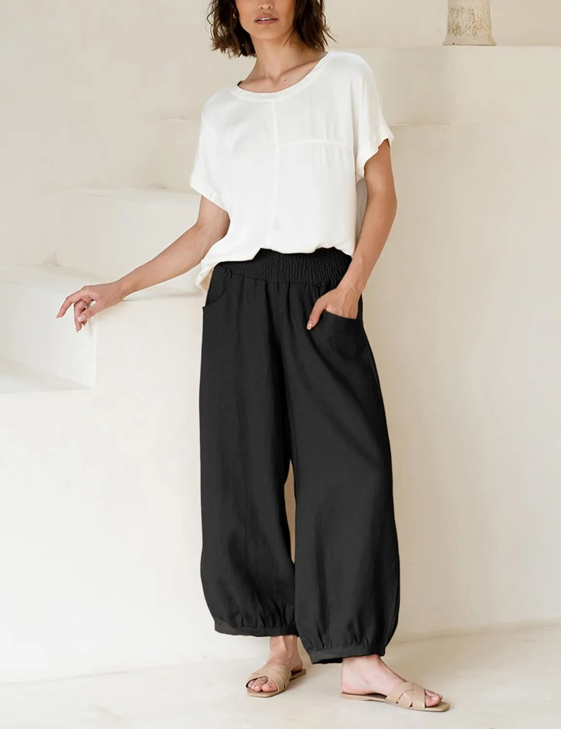Xiaoxuemeng Womens Wide Leg Pants Cotton Linen Barrel Pants Elastic Waisted Lounge Trousers with Pockets