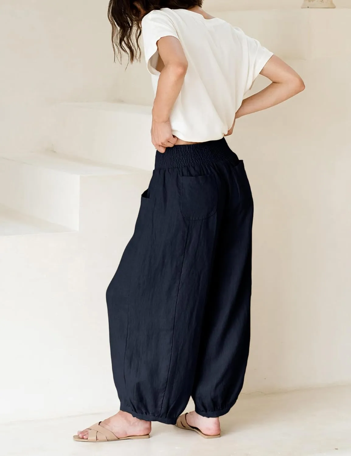 Xiaoxuemeng Womens Wide Leg Pants Cotton Linen Barrel Pants Elastic Waisted Lounge Trousers with Pockets
