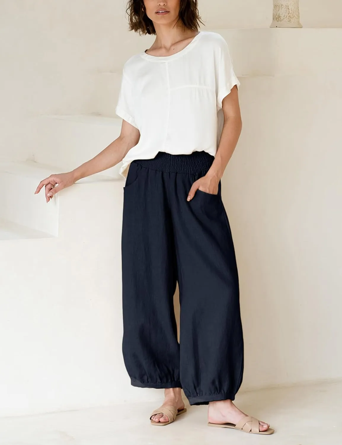 Xiaoxuemeng Womens Wide Leg Pants Cotton Linen Barrel Pants Elastic Waisted Lounge Trousers with Pockets