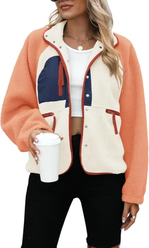 Yanekop Womens Fleece Jacket Fuzzy Long Sleeve Short Coats Button Down Sherpa Outerwear with Pockets