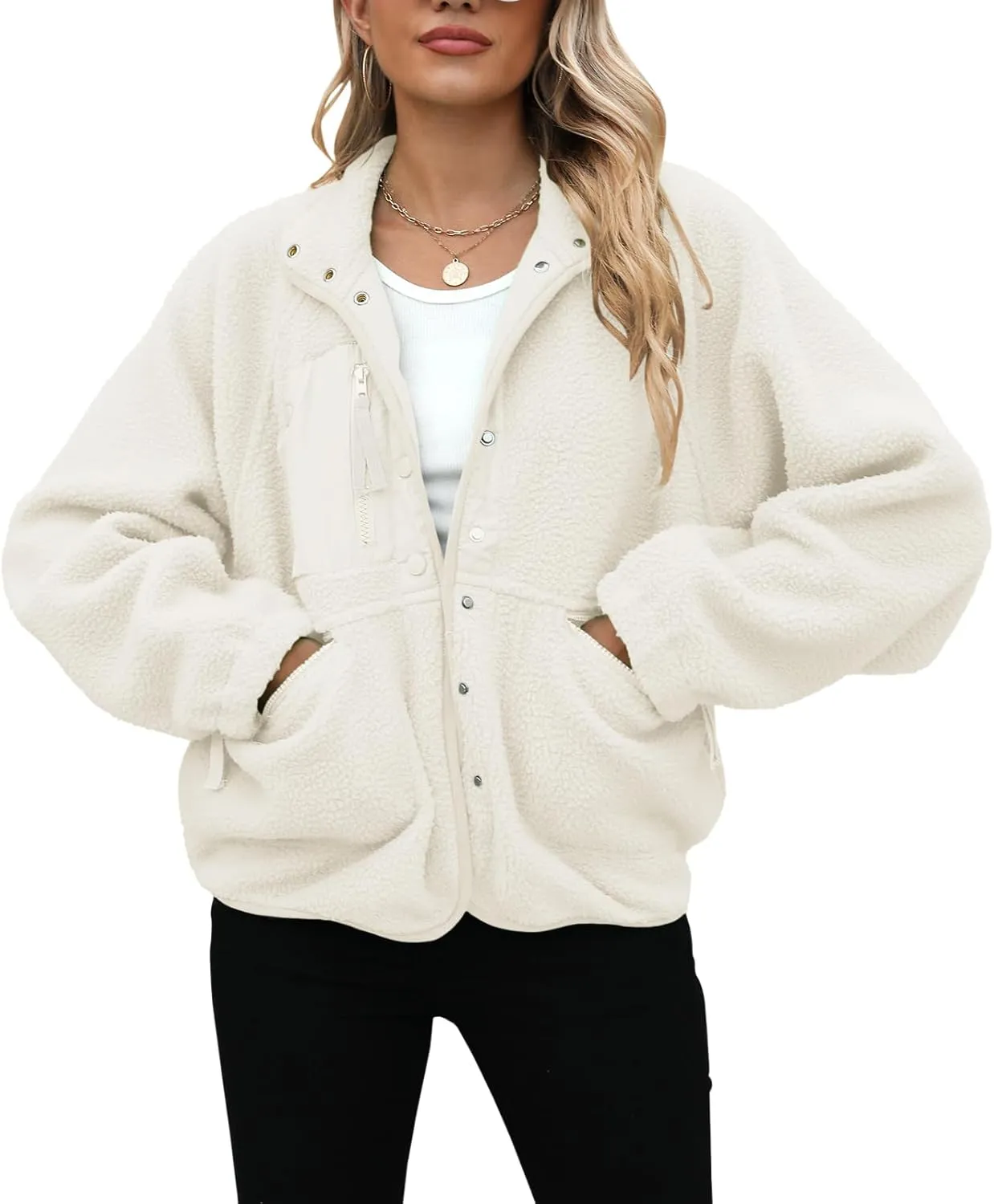 Yanekop Womens Fleece Jacket Fuzzy Long Sleeve Short Coats Button Down Sherpa Outerwear with Pockets