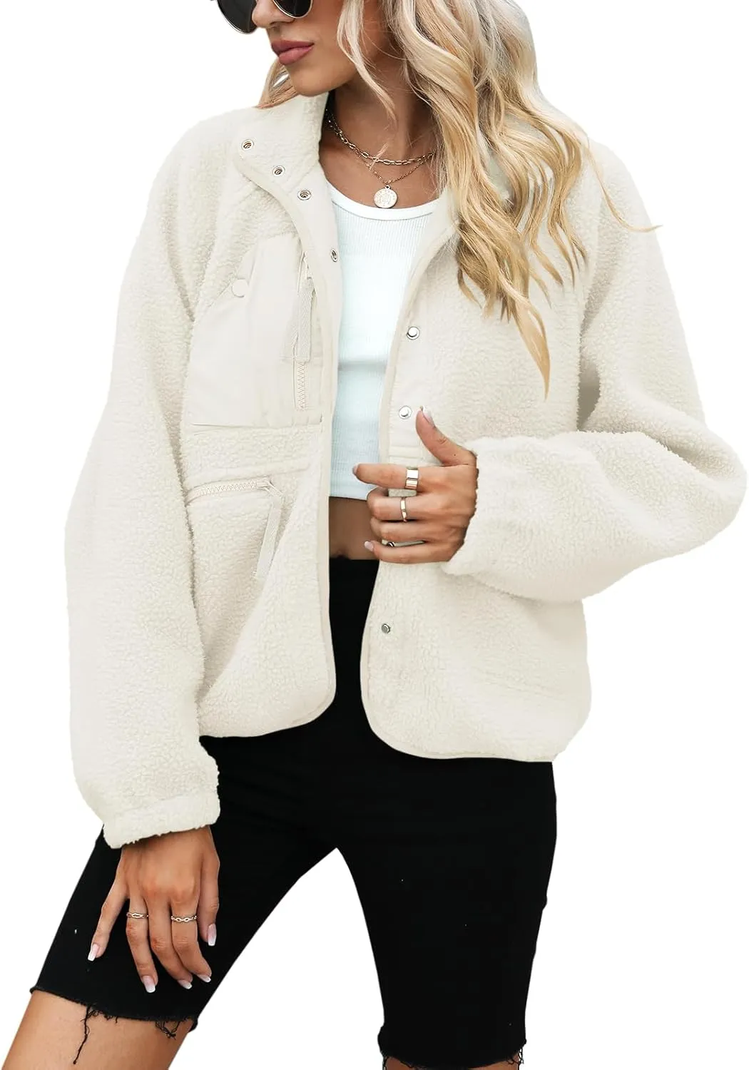 Yanekop Womens Fleece Jacket Fuzzy Long Sleeve Short Coats Button Down Sherpa Outerwear with Pockets