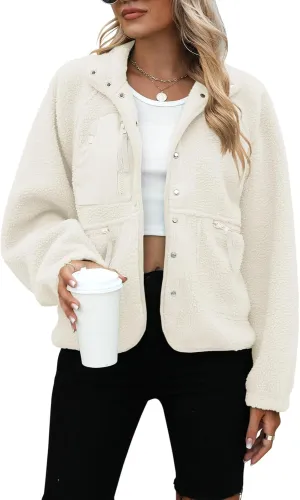 Yanekop Womens Fleece Jacket Fuzzy Long Sleeve Short Coats Button Down Sherpa Outerwear with Pockets