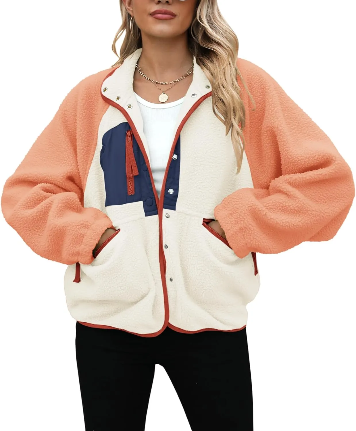 Yanekop Womens Fleece Jacket Fuzzy Long Sleeve Short Coats Button Down Sherpa Outerwear with Pockets