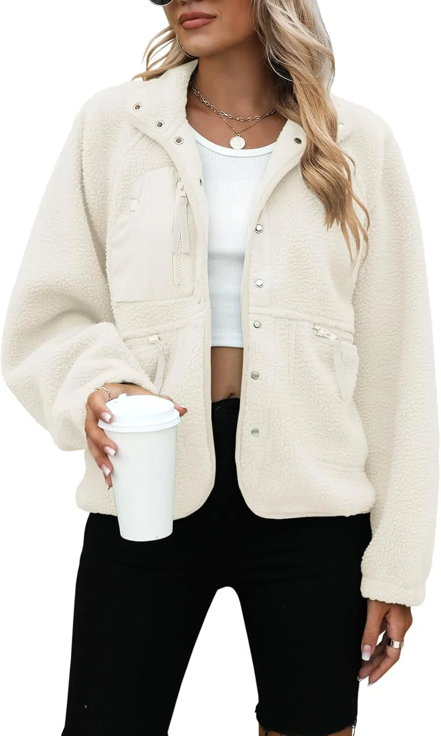 Yanekop Womens Fleece Jacket Fuzzy Long Sleeve Short Coats Button Down Sherpa Outerwear with Pockets