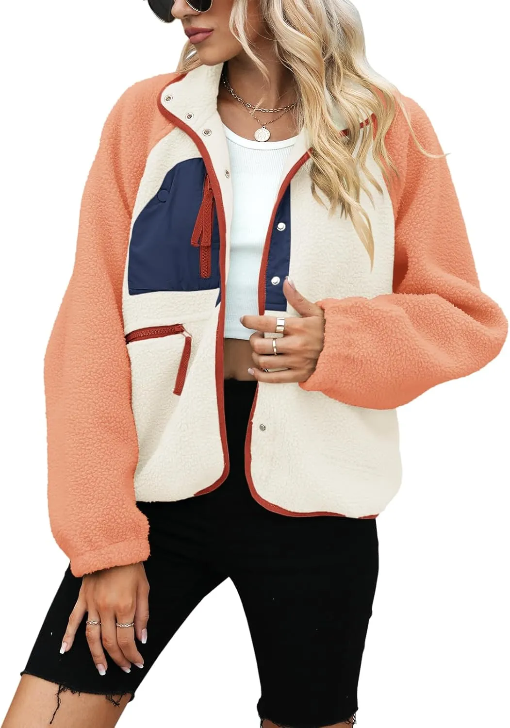 Yanekop Womens Fleece Jacket Fuzzy Long Sleeve Short Coats Button Down Sherpa Outerwear with Pockets