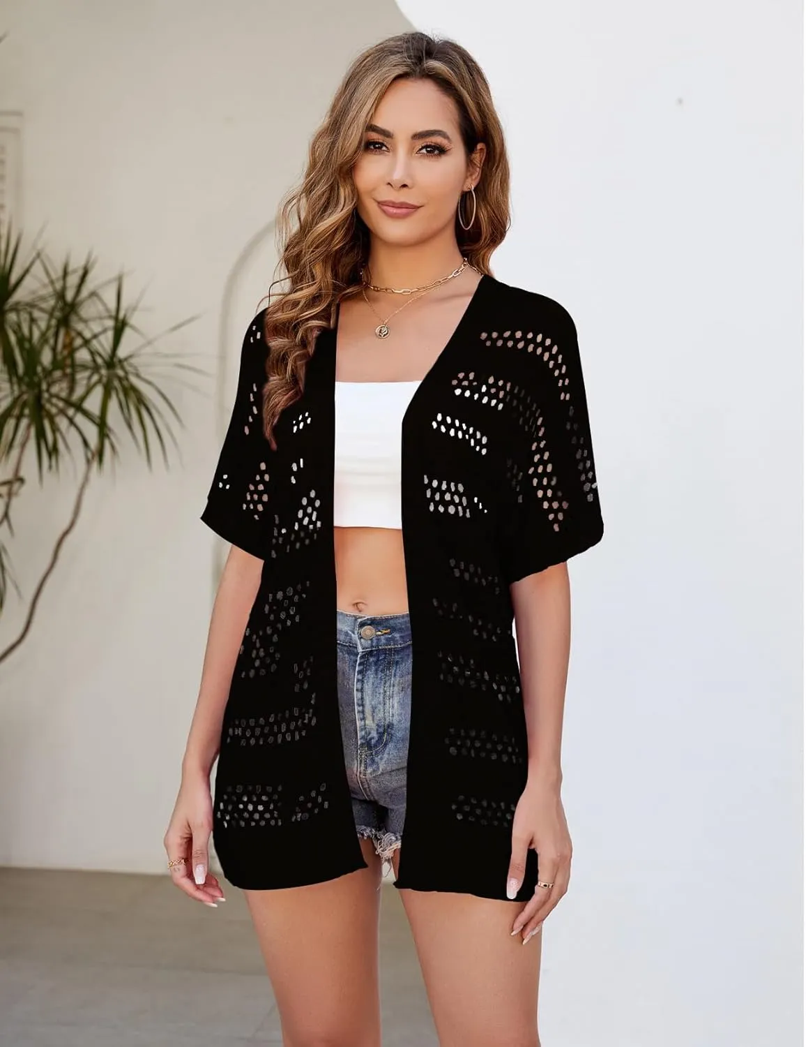 Yekaty Womens Lightweight Crochet Short Sleeve Cardigans Open Front Summer Sweaters Casual Boho Kimonos Cover Up