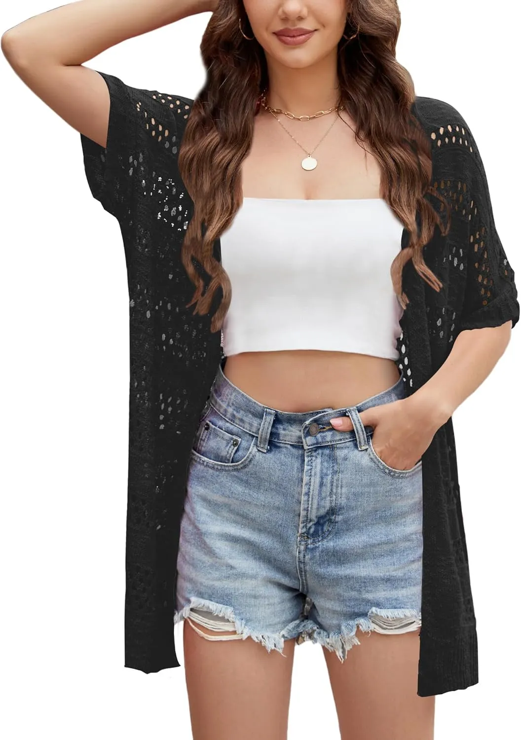 Yekaty Womens Lightweight Crochet Short Sleeve Cardigans Open Front Summer Sweaters Casual Boho Kimonos Cover Up