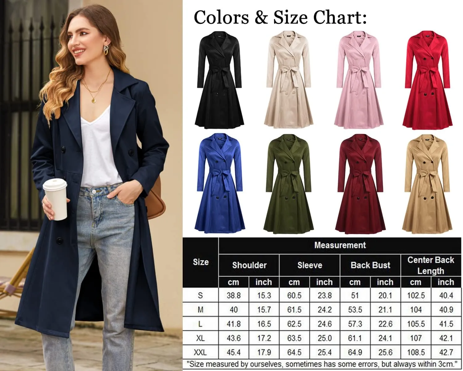 Zeagoo Women's Trench Coats Double-Breasted Long Coat with Belt